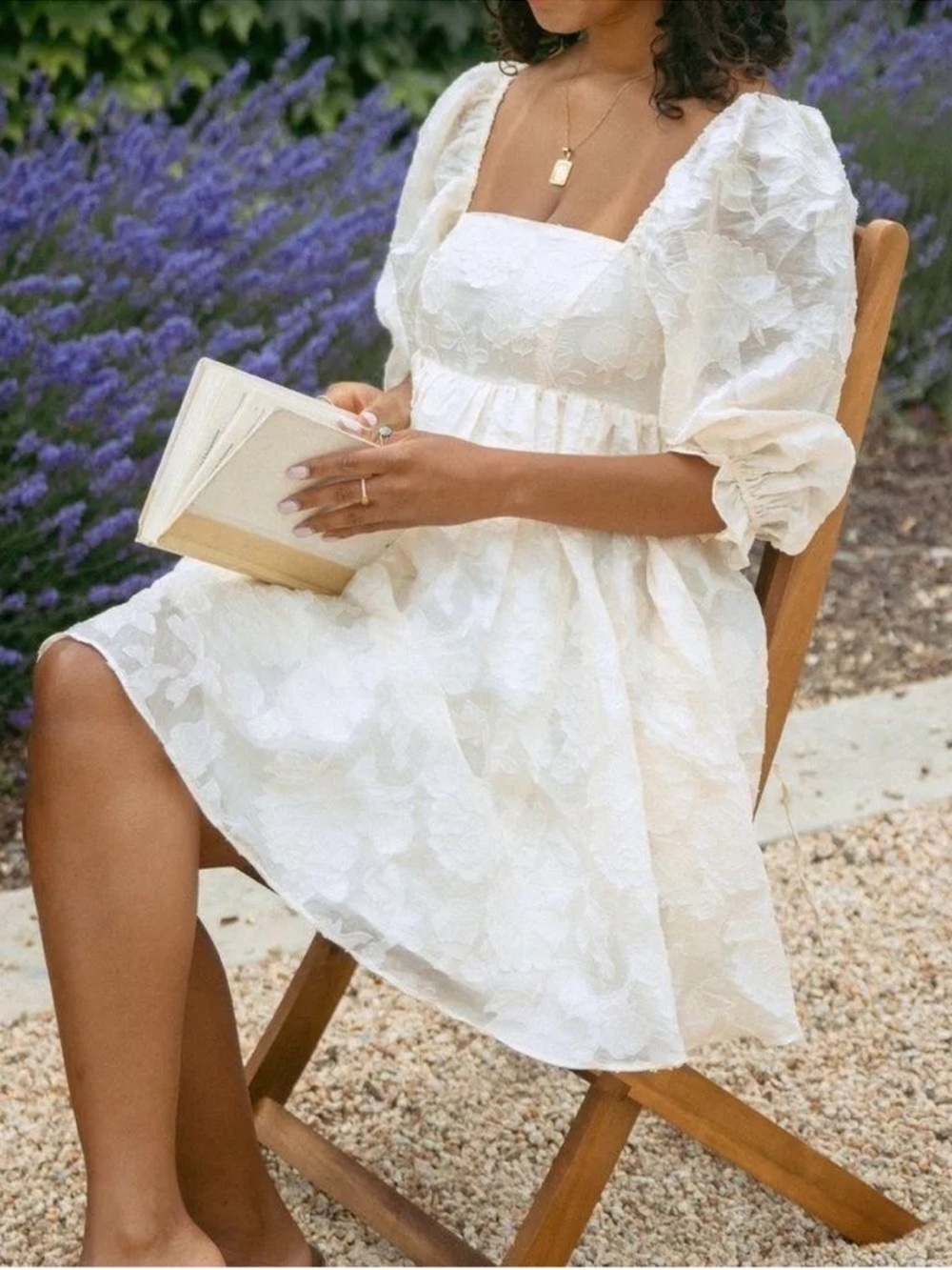 Storia Floral Embroidery Women's Cream Puff-Sleeve Square-Neck Babydoll Dress